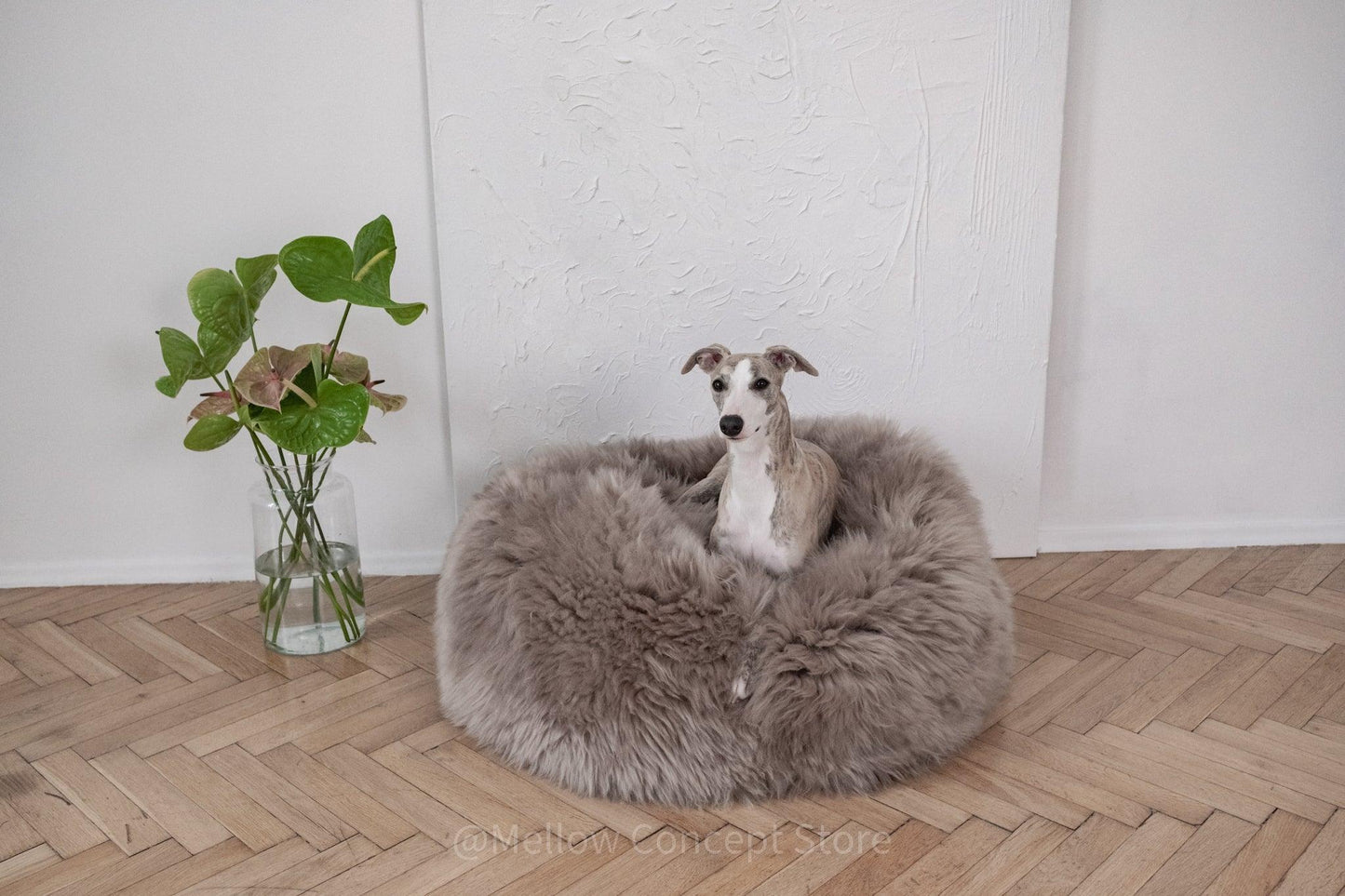 Lit ovale en peau de mouton naturelle pour animaux de compagnie - Greige